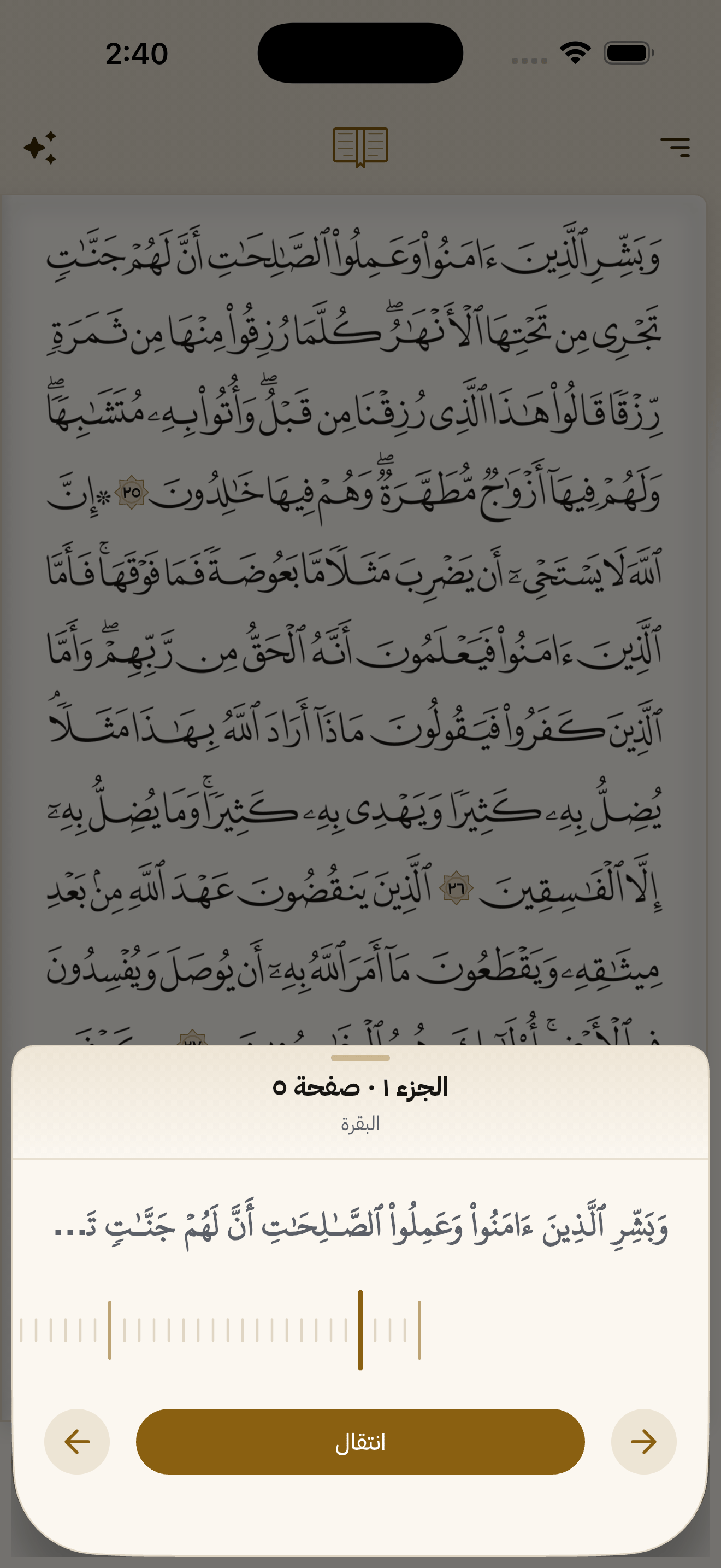 مُنتقي الصفحات على شكل مِسطرة، وفيها معاينة أول الصفحة وحدود الأجزاء